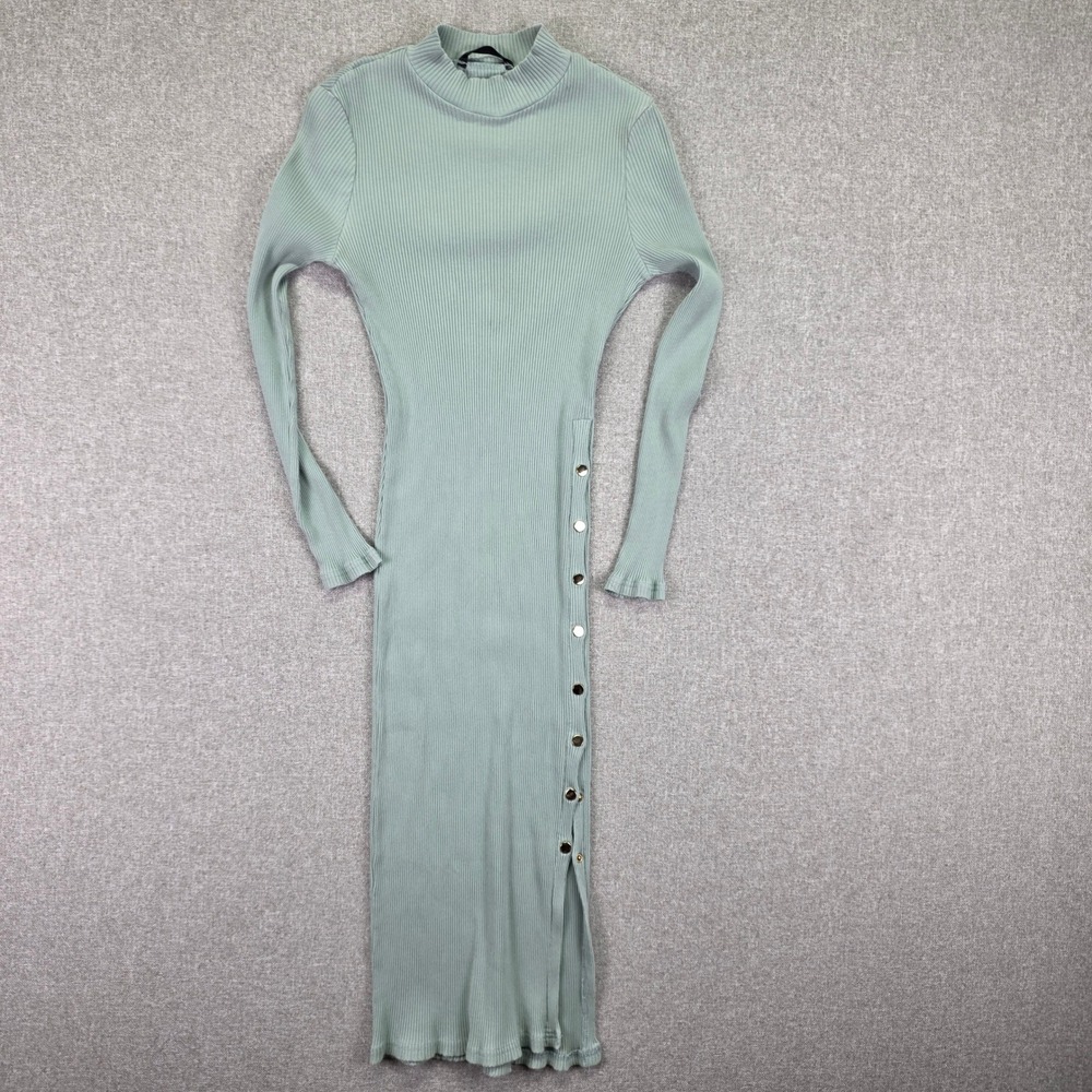 Bodycon Silhouette Y2K Ribbed Mock Neck Long Sleeve Snap Side Slit Midi Dress L